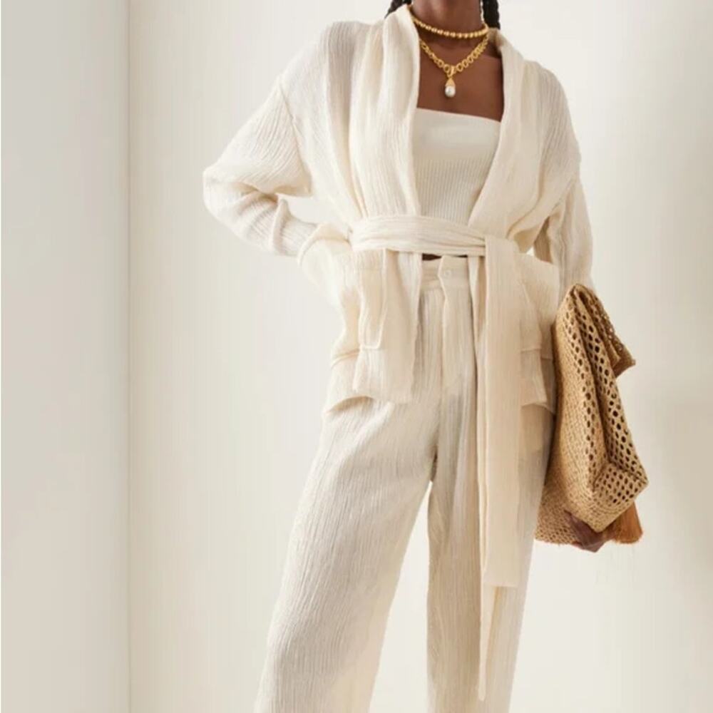 Cream Tie-Waist Long Cardigan Sweater
